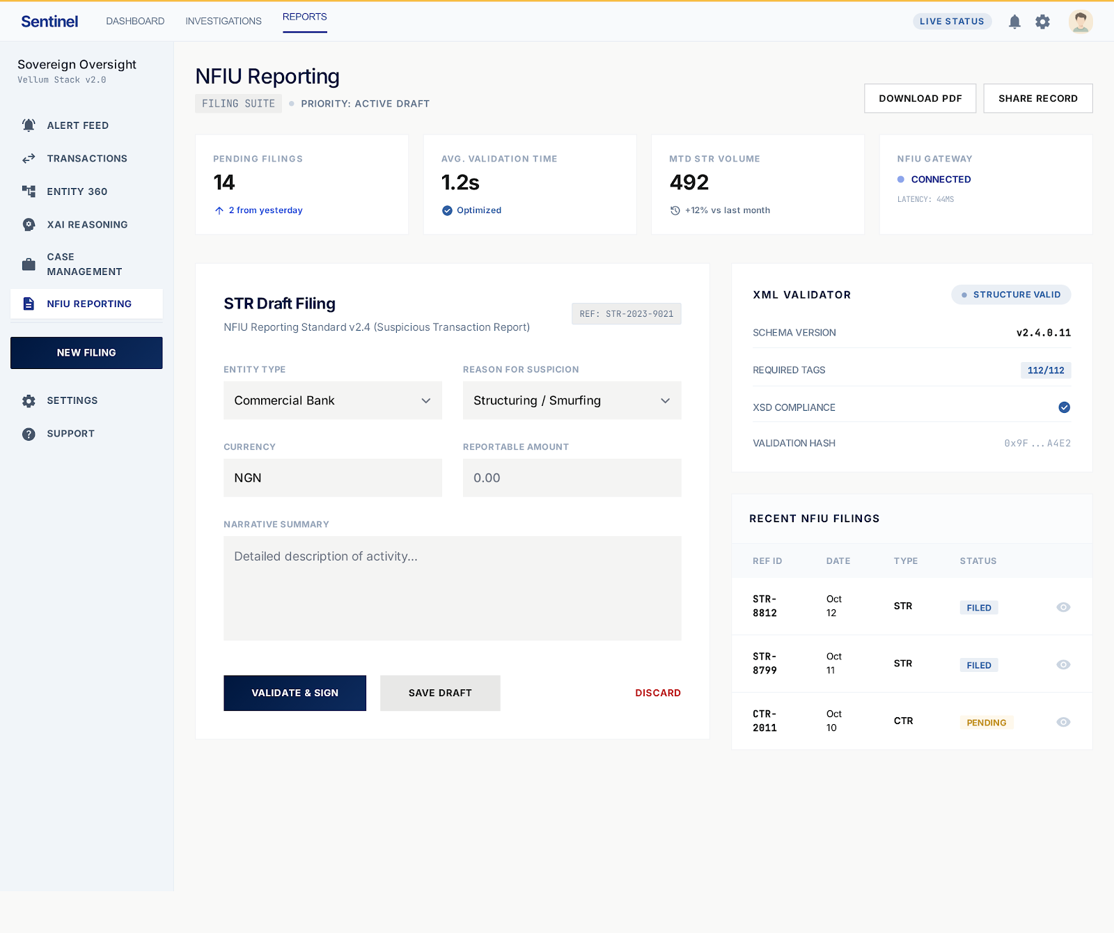 Sentinel NFIU Reporting — goAML XML 3.1 STR filing suite with XML validator